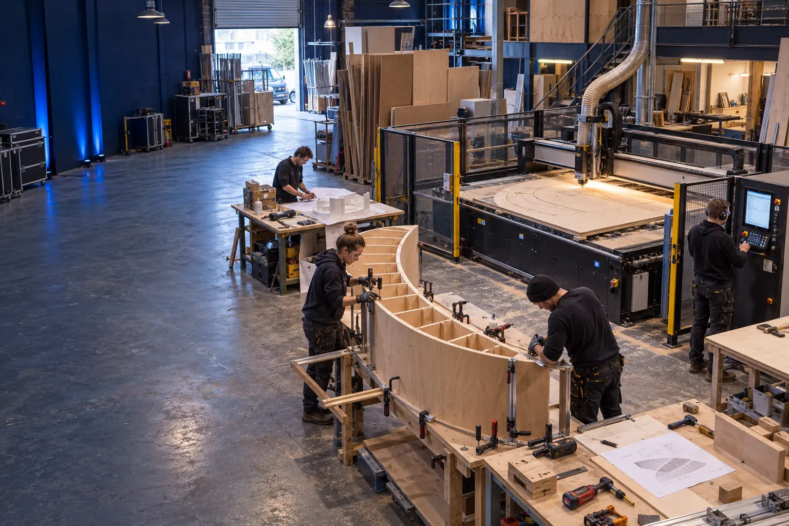 Blue Chilli creative team fabricating a bespoke event structure beside a CNC machine on the workshop floor