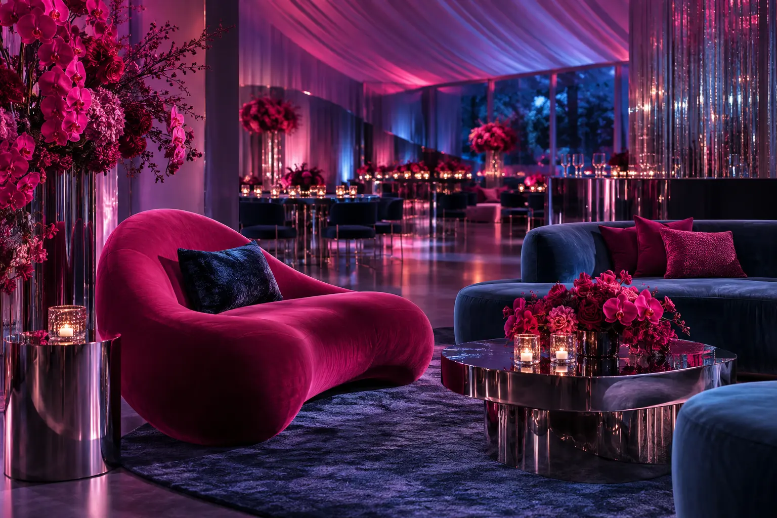 Sculptural pink lounge furniture in a luxury event setting