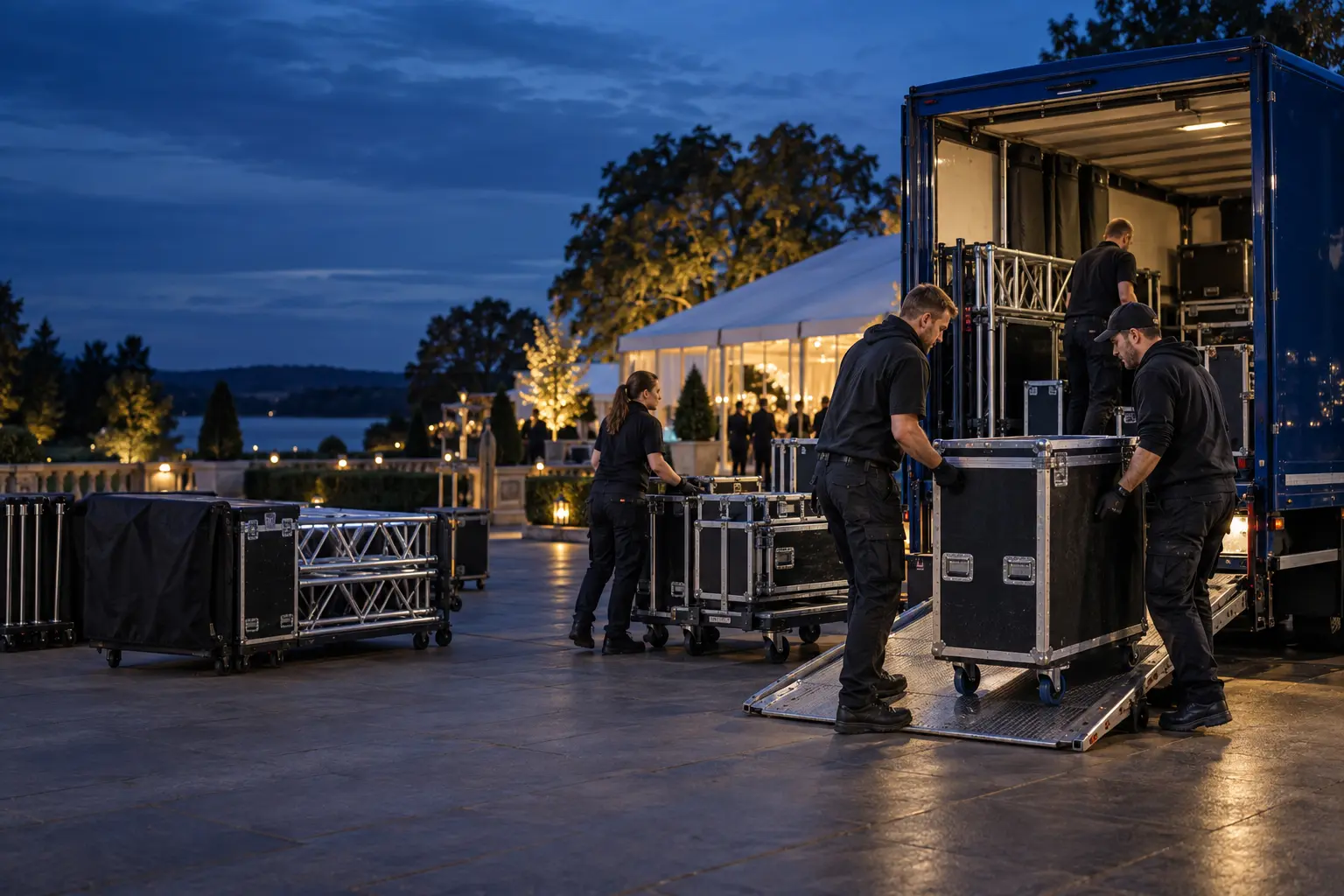 Event transport professionals unloading specialist production equipment at an outdoor venue