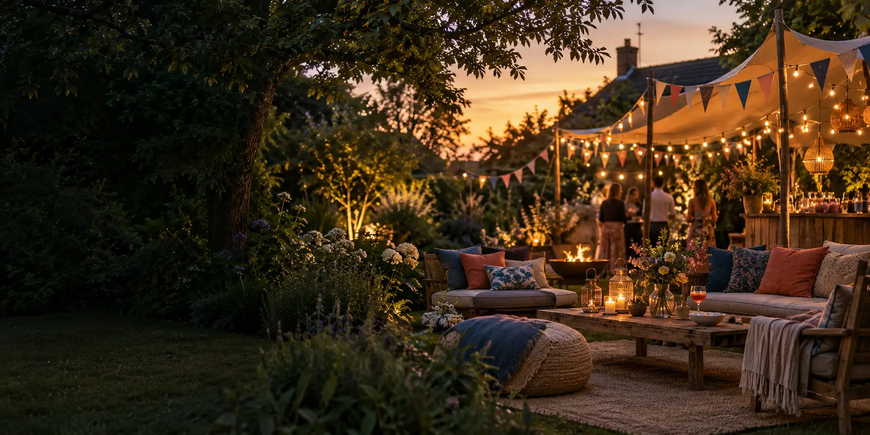 An intimate garden festival party with festoon lights, a stretch canopy and outdoor lounge seating