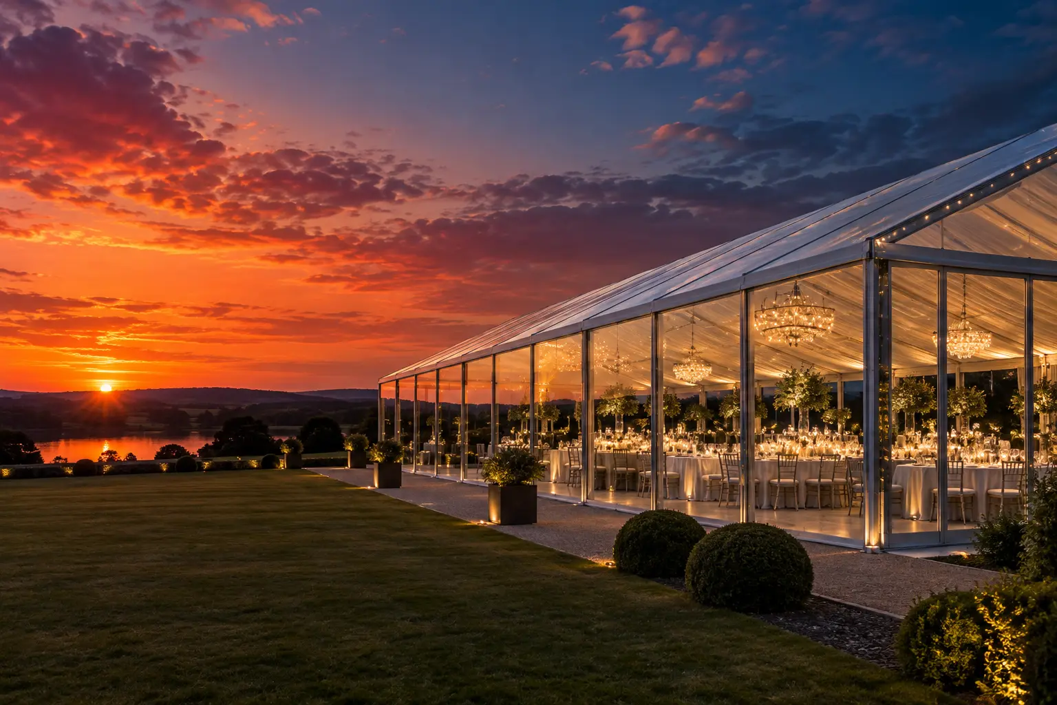A clear marquee illuminated against a vivid sunset